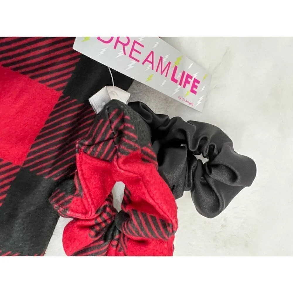 New DreamLife Size Kids S (7-9) Flannel Pajama Set w/Scrunchies Black/Red Plaid